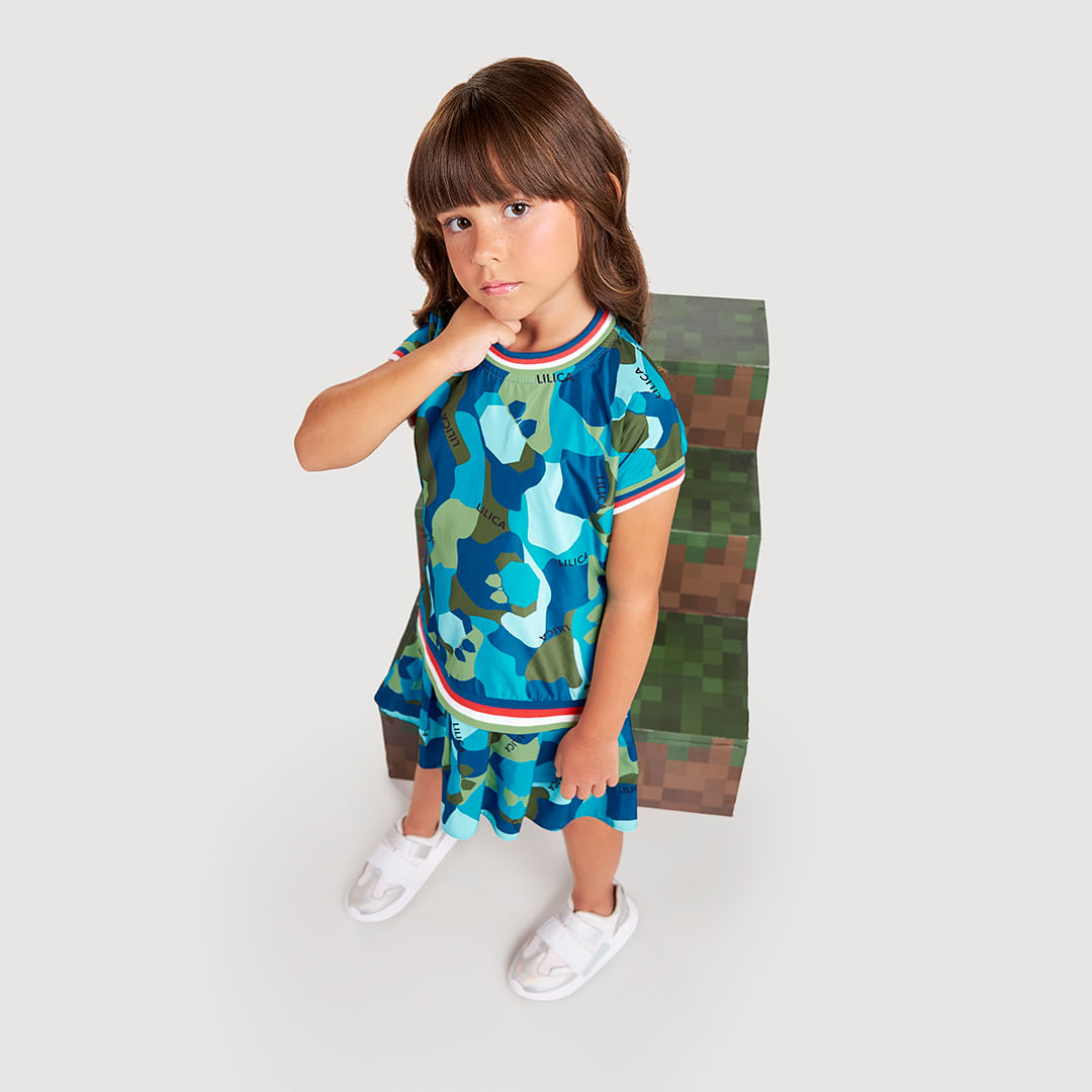 Vestido Camuflado Manga Curta Infantil Feminino Lilica