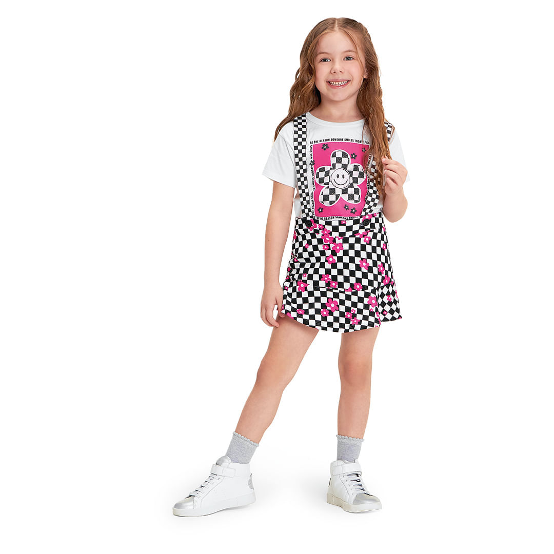 Conjunto Curto Com Salopete Xadrez Infantil Feminino Marisol