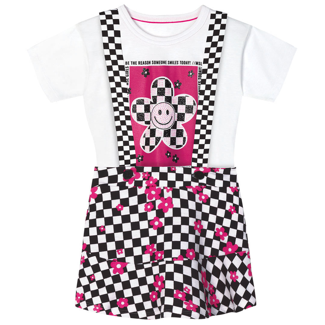 Conjunto Curto Com Salopete Xadrez Infantil Feminino Marisol